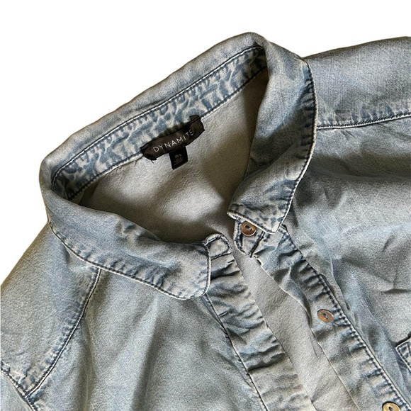 Dynamite Small Denim Button Up Shirt with Covered Buttons and Rolled Sleeves - Picture 2 of 6